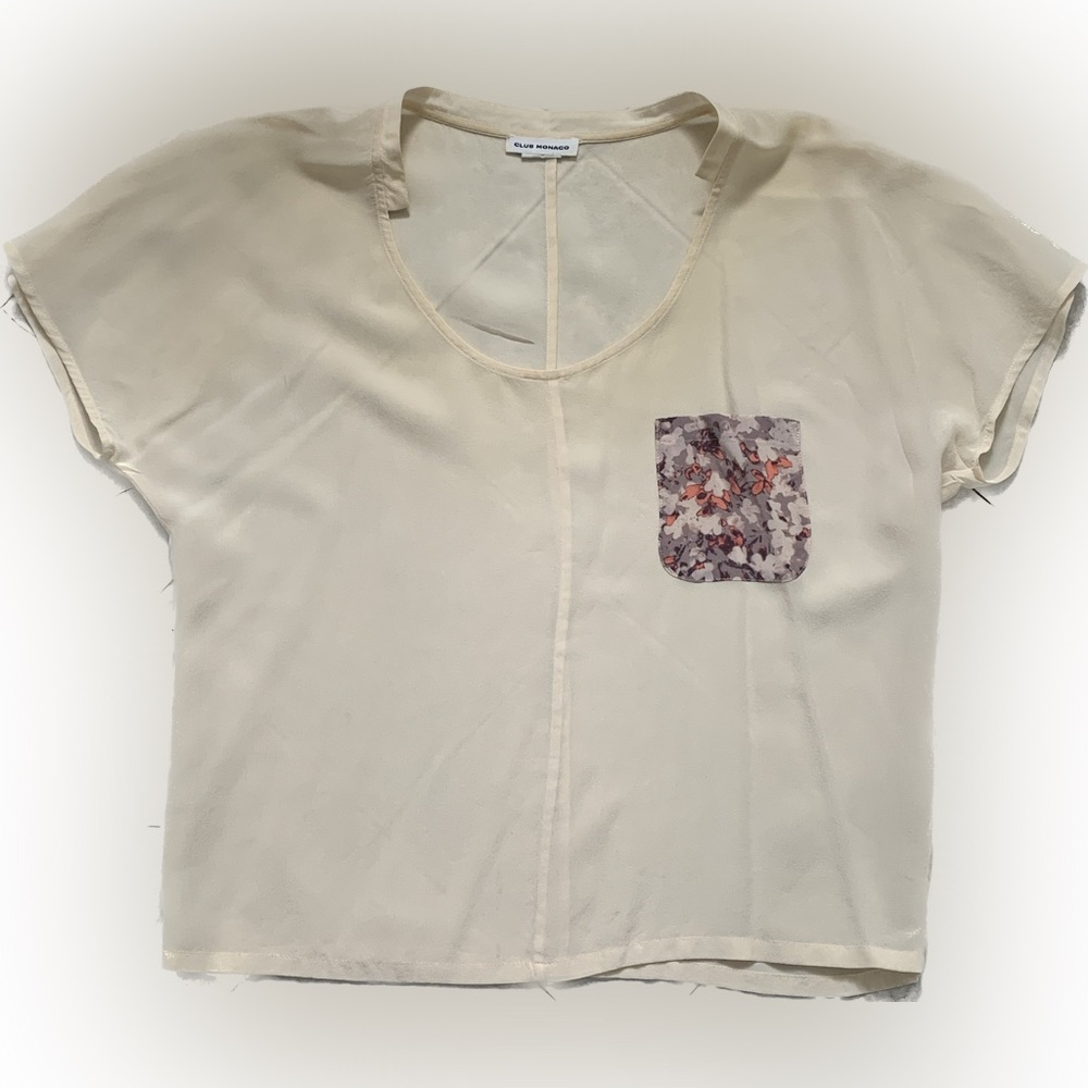 CLUB MONACO| blouse| round neck silk| off white| breast pocket| short sleeve| XS